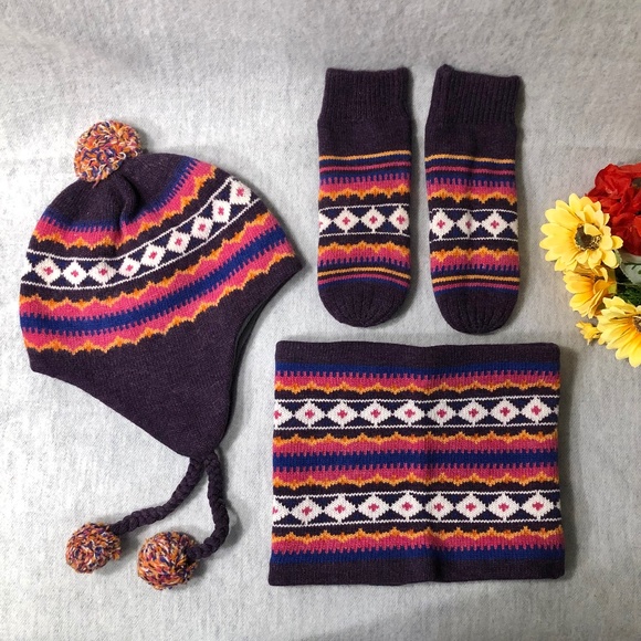 Lands' End Accessories Nwt Grape Fair Isle Knit Hat Gaiter Mitten